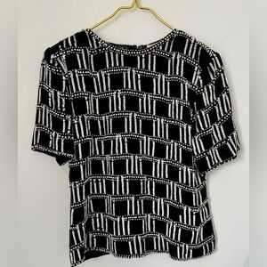Vintage Eves Allure Black Pure Silk White Bead Sequin Ornate Fancy Top FLAW L